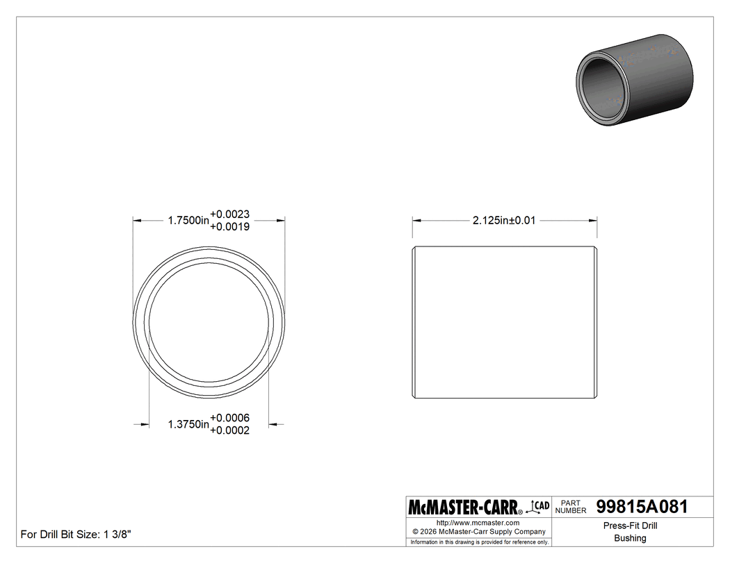 Technical Drawing of Press-Fit Drill Bushing, 1.375" ID, 1-3/4" OD, 2-1/8" Long.